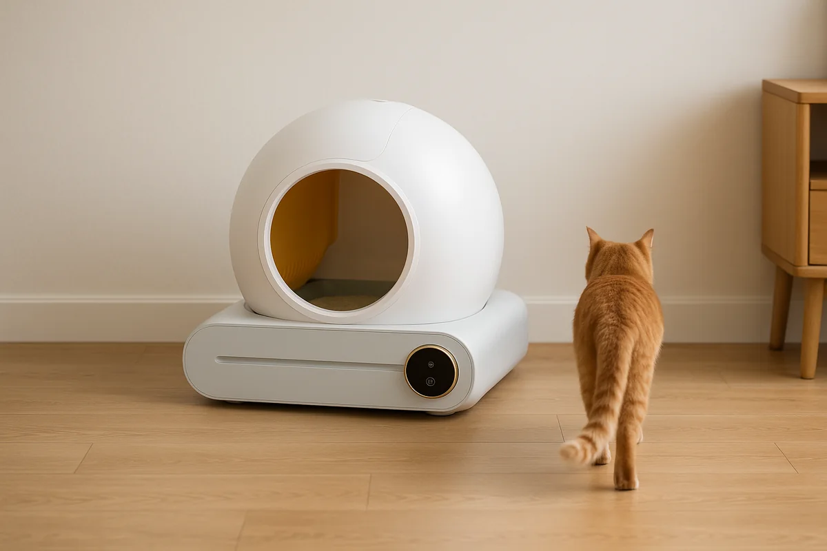 Un chat roux s’éloigne de dos de la litière autonettoyante Ronroza posée contre un mur clair, dans un intérieur en parquet